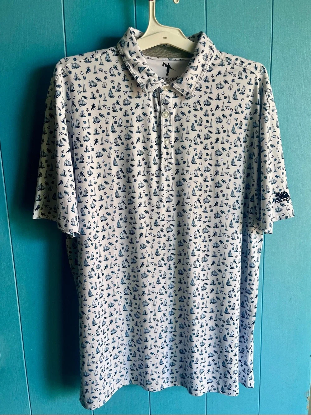 Anderson Ord White Polo with Navy Nautical Print PGA WEST logo